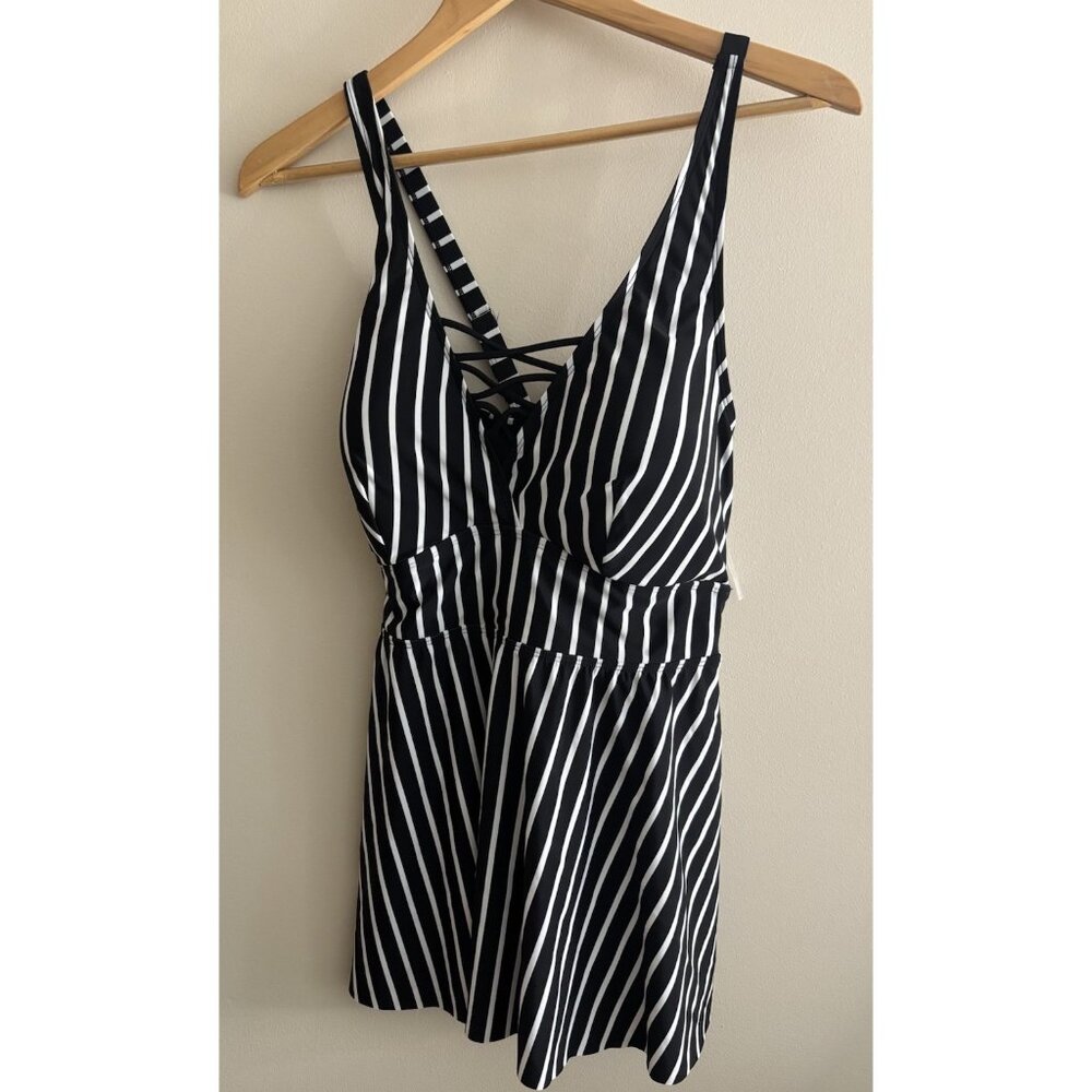 torrid Black and White Striped Swimdress with Lace-Up Front
